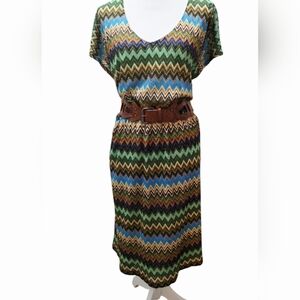 I.N. Studio Multicolor Chevron Midi Dress with Brown Belt